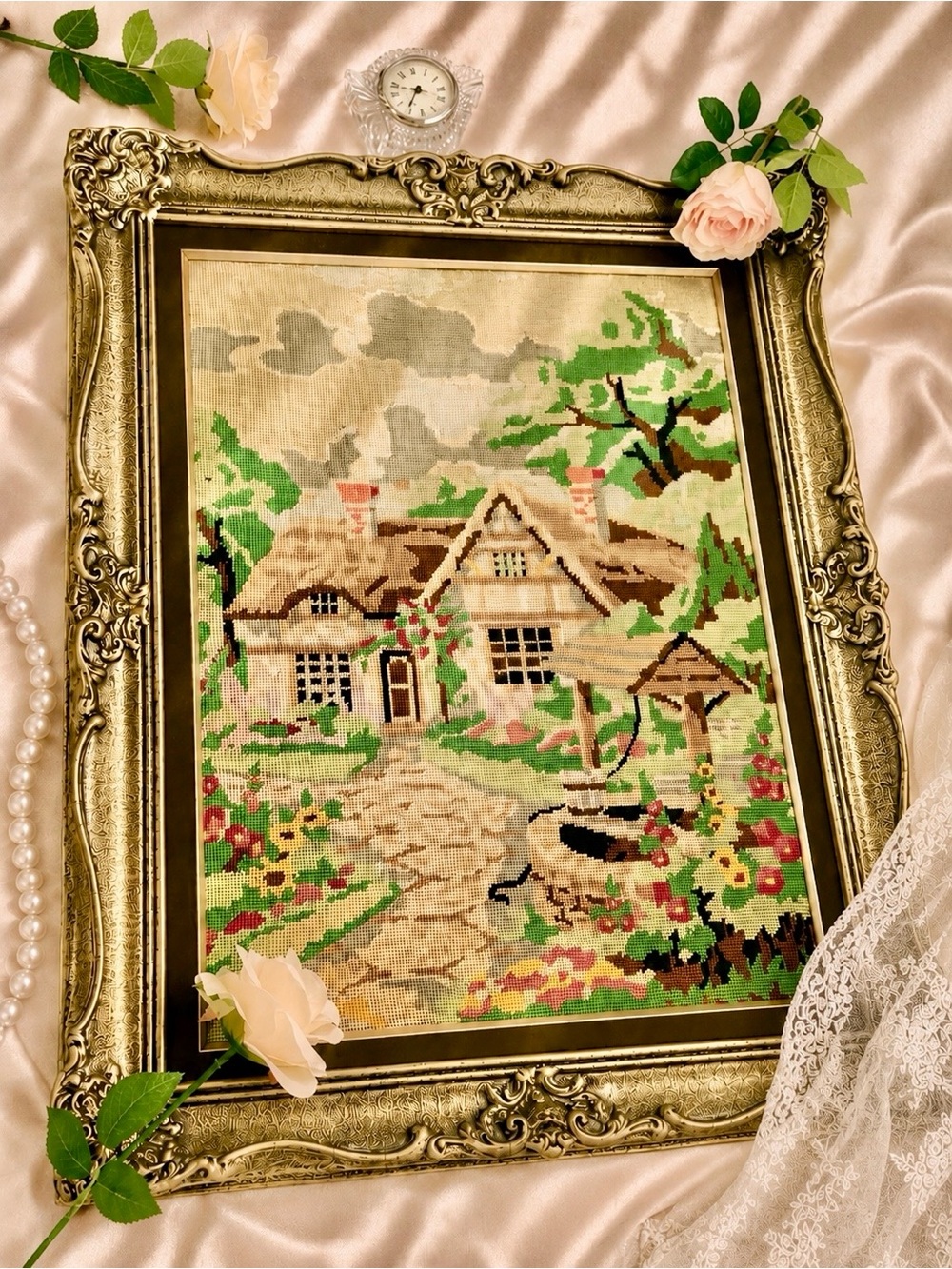 Vintage 1970’s Framed Needlepoint Cottage Scene in Ornate Gold Frame